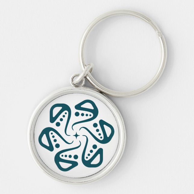 Minimalistisk teal bläckfisk tentakel mandala kons rund silverfärgad nyckelring (Framsidan)