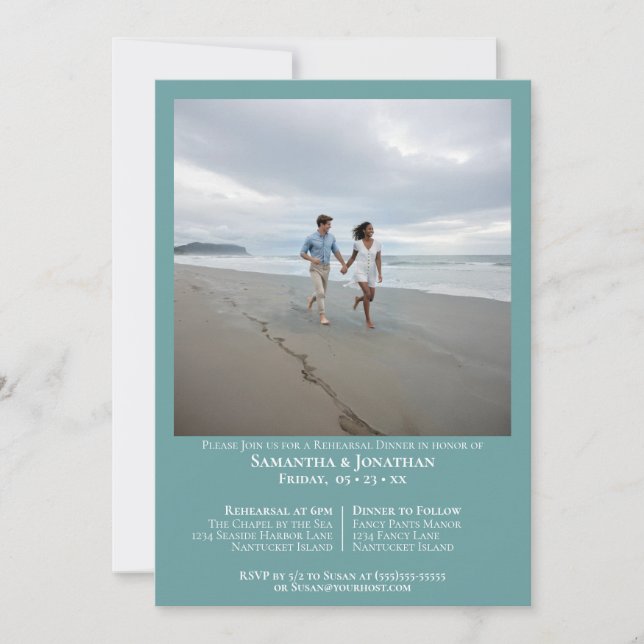 Minimalistisk teal fotobryllopsprovdryck inbjudningar (Framsida)