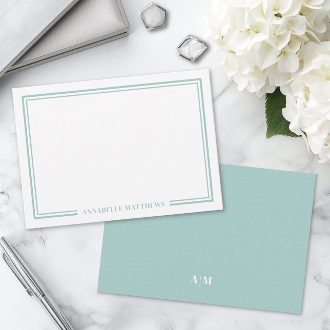 Minimalistisk Tealblå Dubbelkant Monogram Anteckningskort (Minimalist Teal Blue Two Border Monogram Note Card)