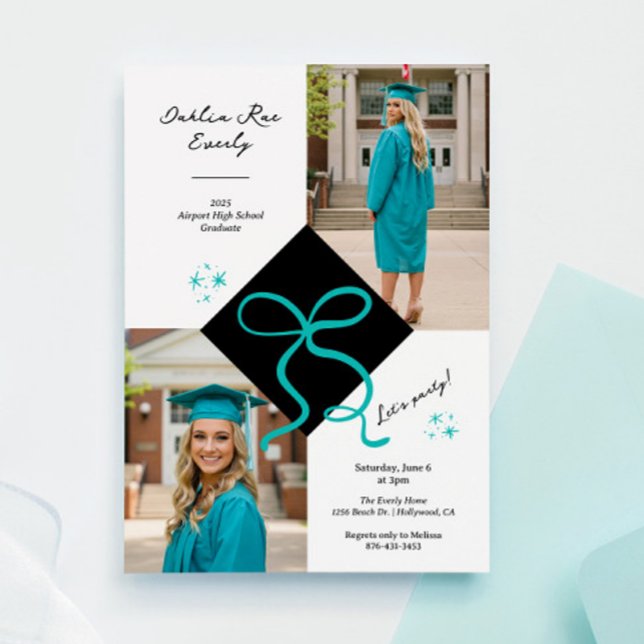 Minimalistisk tealblå mössa och rosett examensfoto inbjudningar (Minimalist Teal Blue Cap and Bow Graduation Invitation)