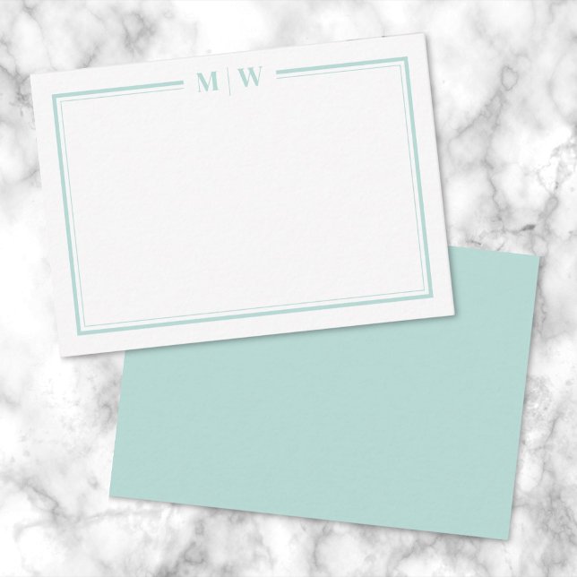 Minimalistisk Tealblå Två Ramar Monogram Anteckningskort (Minimalist Teal Blue Two Border Name Monogram Note Card)