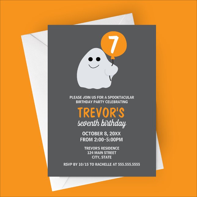 Minimalistisk Tecknad Ghost Födelsedagsfest inbjud Inbjudningar (Orange Minimalist Cartoon Ghost Halloween Birthday Party Invitation)