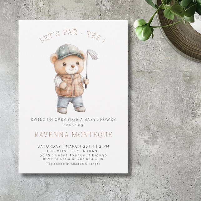 Minimalistisk Teddy Golf Låter Par-Tee Baby Shower Inbjudningar (Skapare uppladdad)