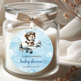 Minimalistisk Teddybjörn Pilot Flygplan Blå Brun Runt Klistermärke