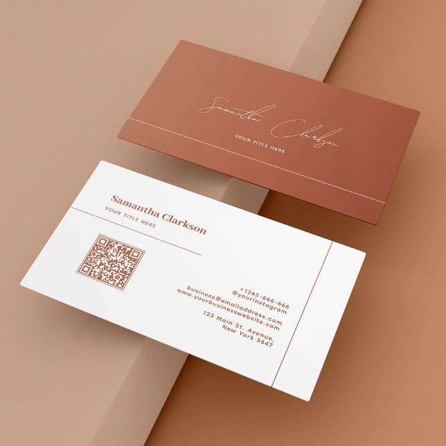 Minimalistisk terracotta-linje och skript QR-kod Visitkort (Skapare uppladdad)