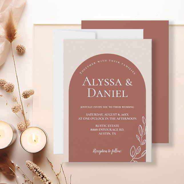 Minimalistisk terracotta Orange Blommigt arch bröl Inbjudningar (Terracotta Floral wedding minimalist arch wedding invitation design.)