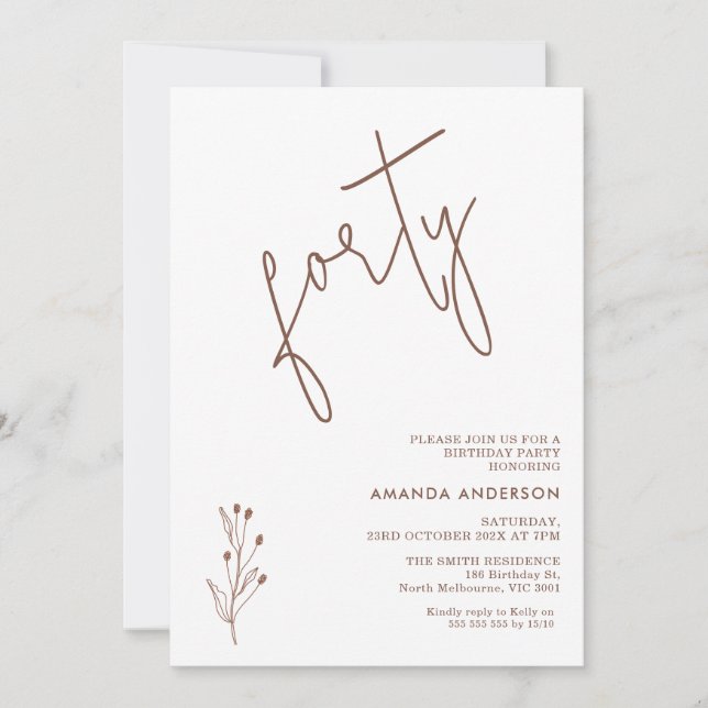 Minimalistisk terracotta-text 40:e födelsedagen inbjudningar (Framsida)