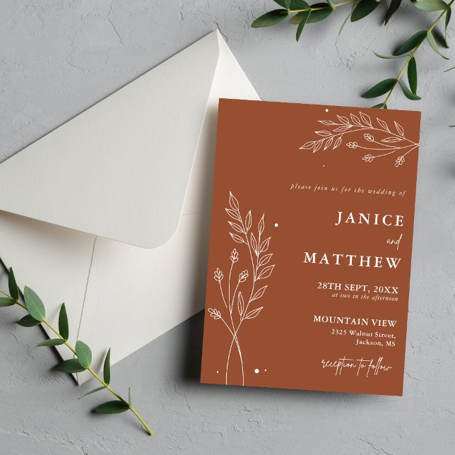 Minimalistisk Terrakotta Bränd Orange Boho Bröllop Inbjudningar (Terracotta boho wedding invitation announces your day with warm elegance and personal style)