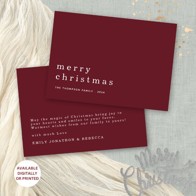 Minimalistisk text Burgundy White God jul Inbjudningar (Front and back view. Available digitally or printed.)