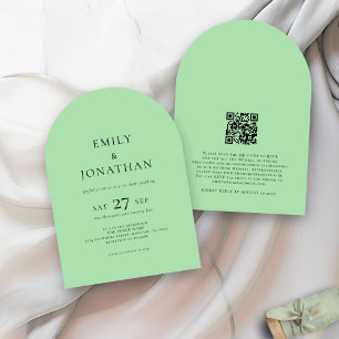 Minimalistisk text QR Celadon Grönt Arch Bröllop Inbjudningar