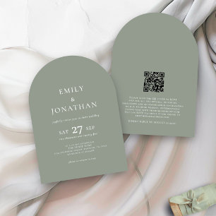 Minimalistisk text QR Grönt Sage Arch Bröllop Inbjudningar