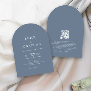 Minimalistisk text QR-kod Dusty Blue Arch Bröllop Inbjudningar