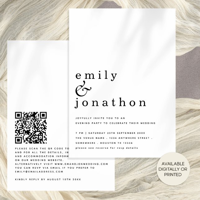 Minimalistisk text QR-kod kvällstid i Party Bröllo Inbjudningar (Front and back view evening party invite. Available digitally or printed. Matching items available)