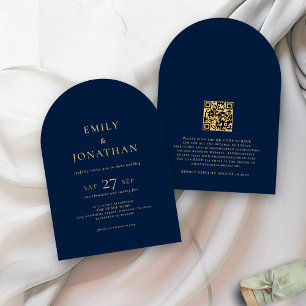 Minimalistisk text QR-kod: marin Guld Arch Bröllop Inbjudningar