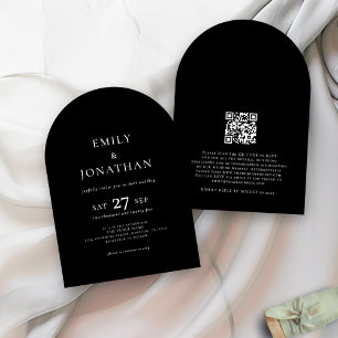 Minimalistisk text QR-kod Svart bågbröllop Inbjudningar