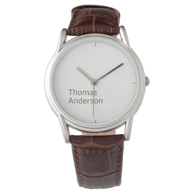 Minimalistisk textdesign på vit snyggt armbandsur (Framsida)