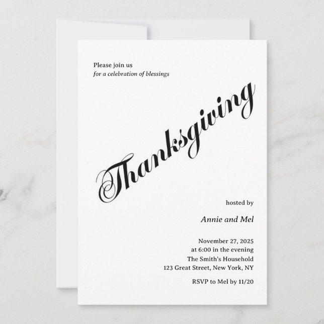 Minimalistisk Thanksgiving Svartvit - middagsvarv Inbjudningar (Framsida)