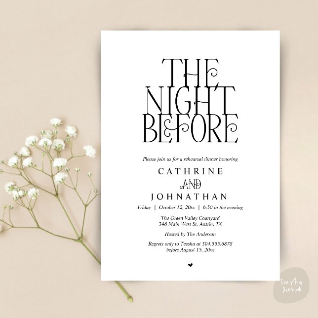 Minimalistisk "The Night Before" förrepetitionsmid Inbjudningar (Modern Minimalist "The Night Before" Garden Rehearsal Dinner Invitation Card in Black and White)