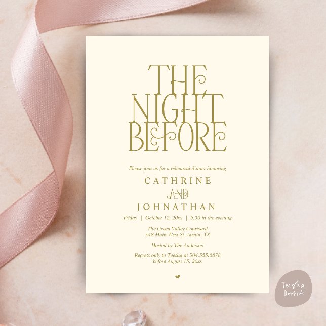 Minimalistisk "The Night Before" förrepetitionsmid Inbjudningar (Modern Minimalist "The Night Before" Garden Rehearsal Dinner Invitation Card in Yellow Cream Gold)
