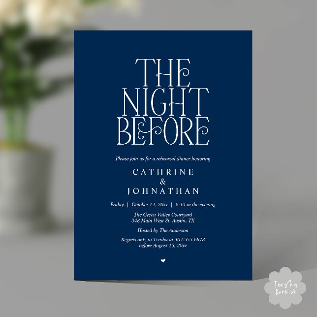 Minimalistisk "The Night Before" repetitionskvälls Inbjudningar (Minimalist "The Night Before" Rehearsal Dinner Invitation Card in Navy Blue)