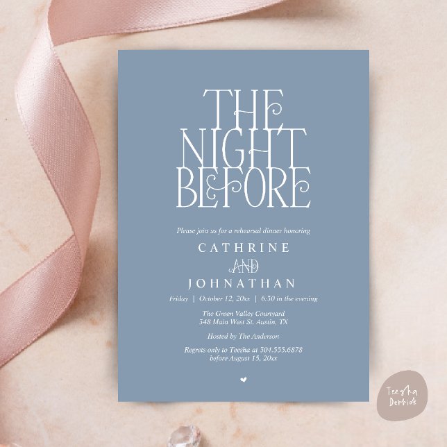 Minimalistisk "The Night Before" repetitionskvälls Inbjudningar (Modern Minimalist "The Night Before" Garden Rehearsal Dinner Invitation Card in Dusty Blue)