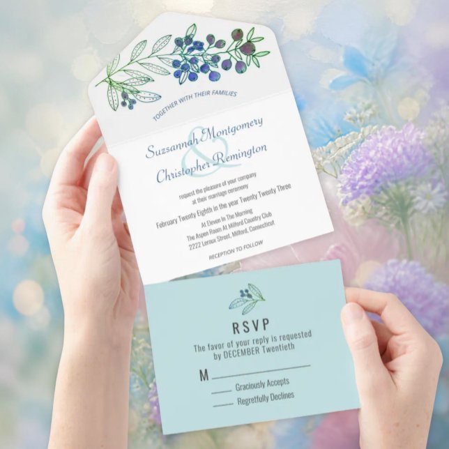 Minimalistisk Topp Blå Kant Bärblad Bröllop (All in one pastel berry wedding invitation template.)