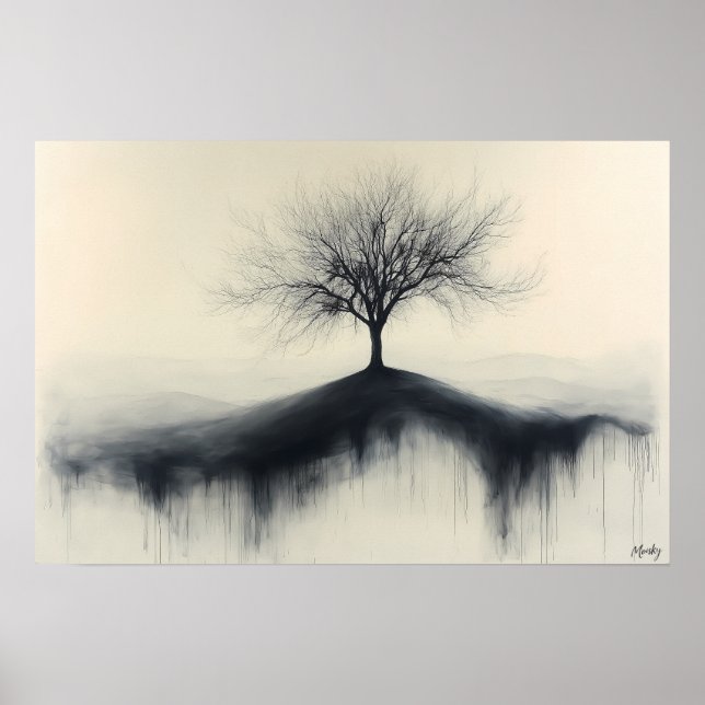 Minimalistisk Träd på Kulle med Droppande Skuggor Poster (Framsidan)