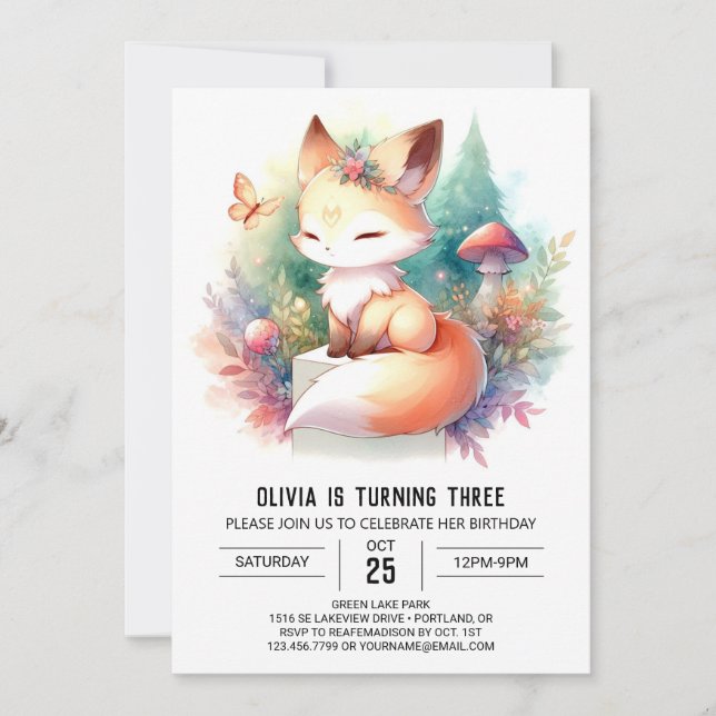 Minimalistisk trädplantering Fox Birthday digital Inbjudningar (Framsida)