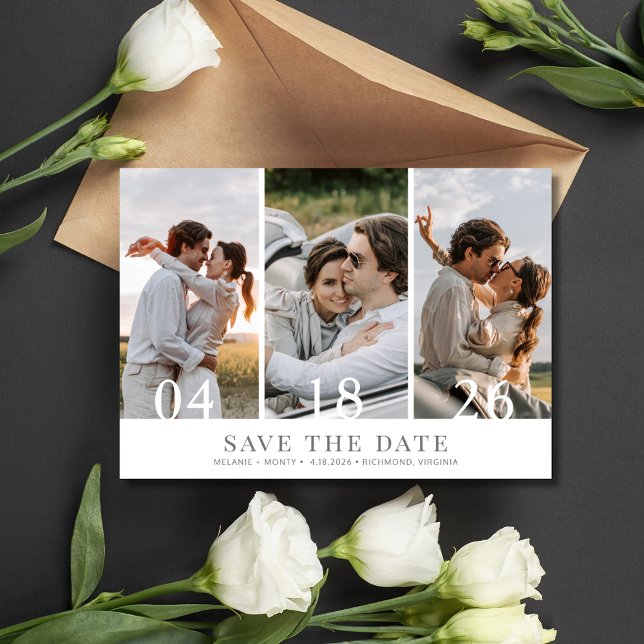 Minimalistisk tre foto Bröllop spara datum Spara Datumet (Minimalist Three Photo Wedding Save the Date)