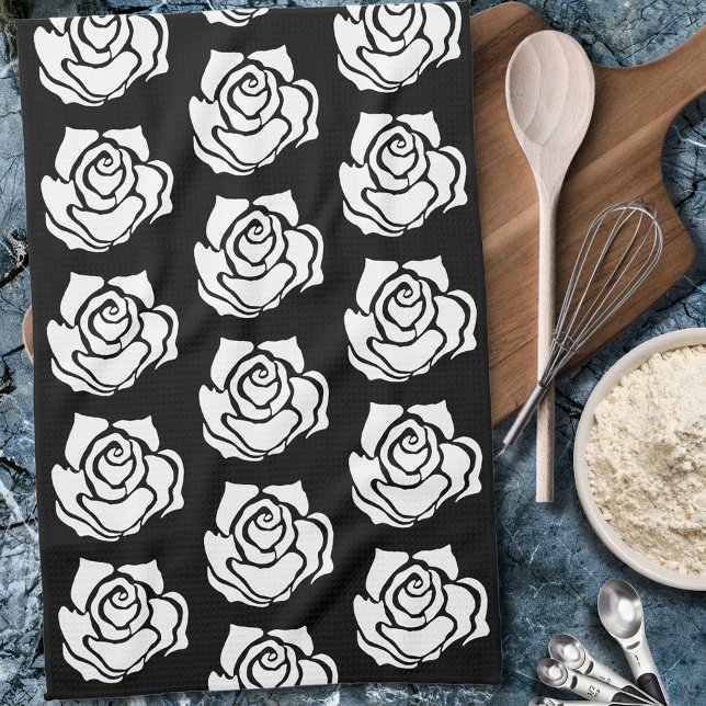 Minimalistisk Tribal Ros Svart Abstrakt Vit Blomma Kökshandduk (Skapare uppladdad)
