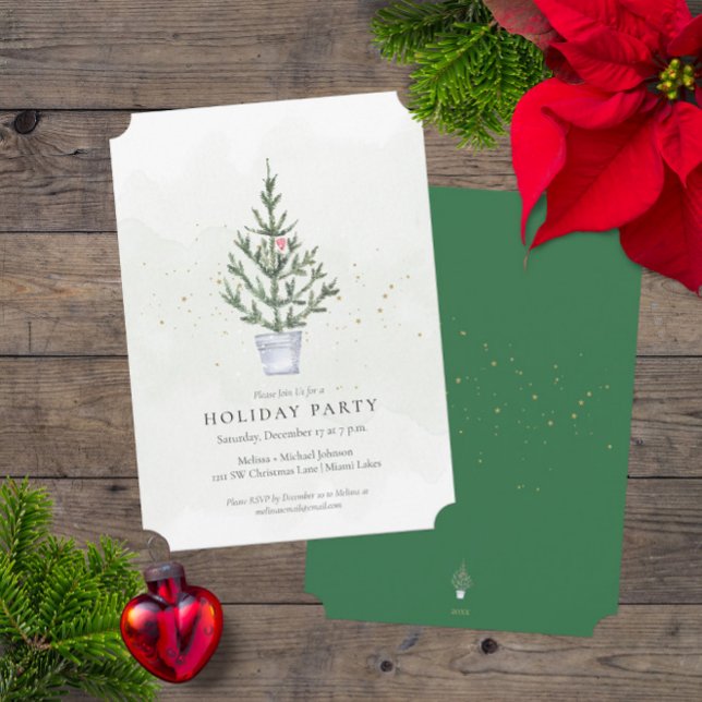 Minimalistisk trim Träd Julfest vattenfärg Inbjudningar (Cute Minimalist Trim the Tree Holiday Christmas Party Invitation with Watercolor Design Accents)