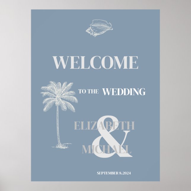 Minimalistisk Tropisk Bröllop Dusty Blue  Poster (Framsidan)
