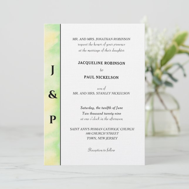 Minimalistisk Tropisk Grön Gul Monogram Inbjudningar (Stående Fram)