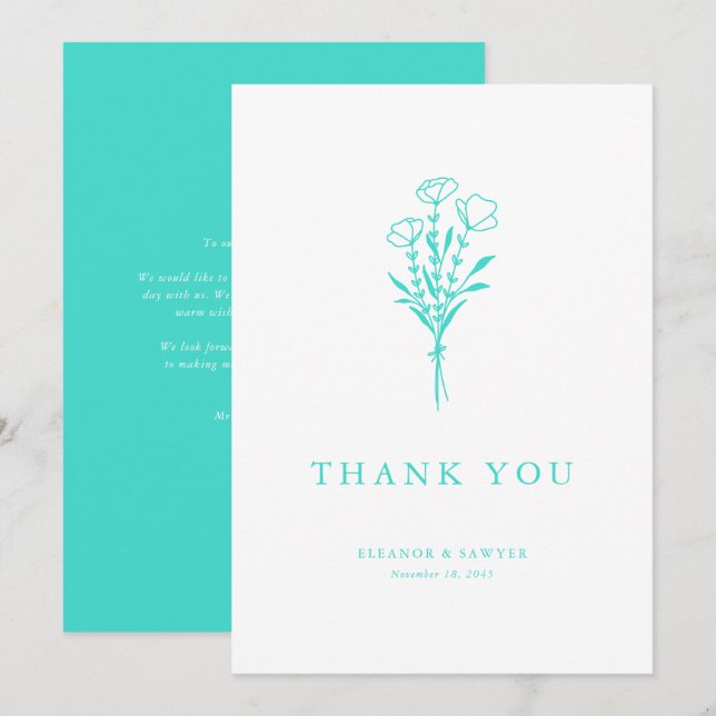 Minimalistisk turkos-Blommigt Bouquet Bröllop Tack Kort (Fram/baksida)