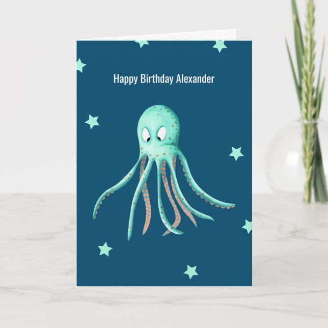 Minimalistisk turkos Octopus Personlig Birthday Kort (Framsida)