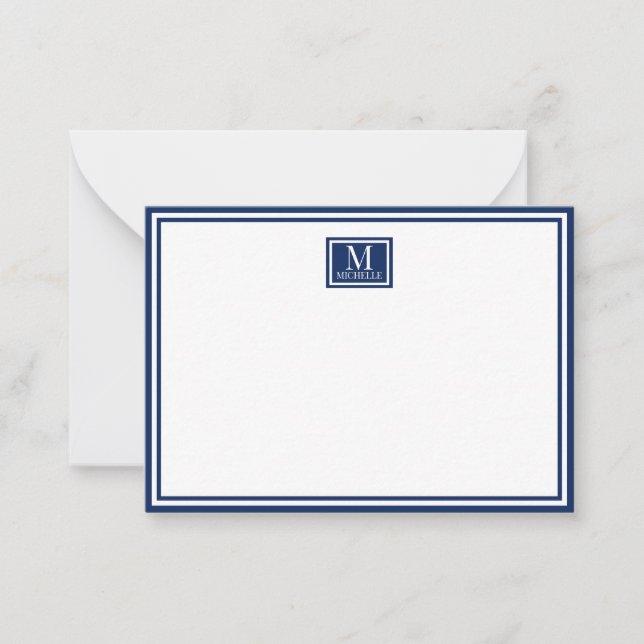Minimalistisk två ramar monogram namn marinblå anteckningskort (Framsida)