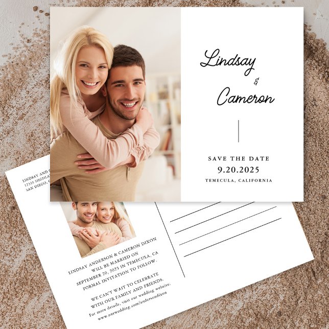 Minimalistisk tvåfoto Modern skript Spara datum Vykort (Skapare uppladdad)