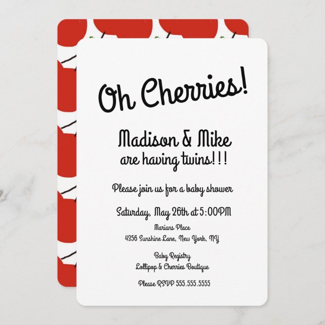 Minimalistisk Twillingar för rödkörsbär, babyskor Inbjudningar (Fram/baksida)
