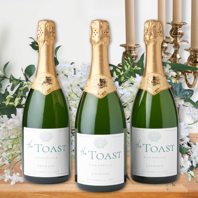 Minimalistisk typografi Aqua & Vit Snigelskal Bröl (Minimal Typography Aqua & White Seashell Wedding Sparkling Wine Label)