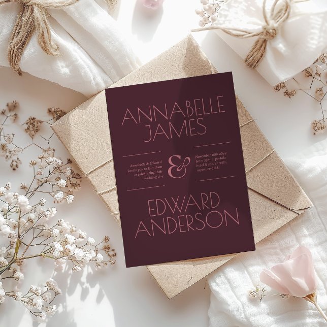 Minimalistisk typografi Elegant vinröd bröllopsinb Inbjudningar (Skapare uppladdad)