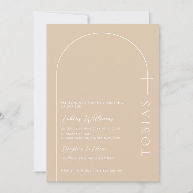 Minimalistisk typografi kor beige arch baptism inbjudningar (Framsida)