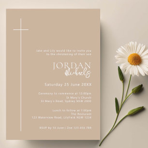 Minimalistisk typografi kor beige arch baptism inbjudningar