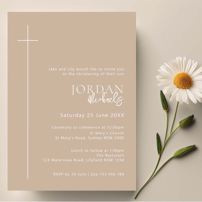 Minimalistisk typografi kor beige arch baptism inbjudningar (Skapare uppladdad)