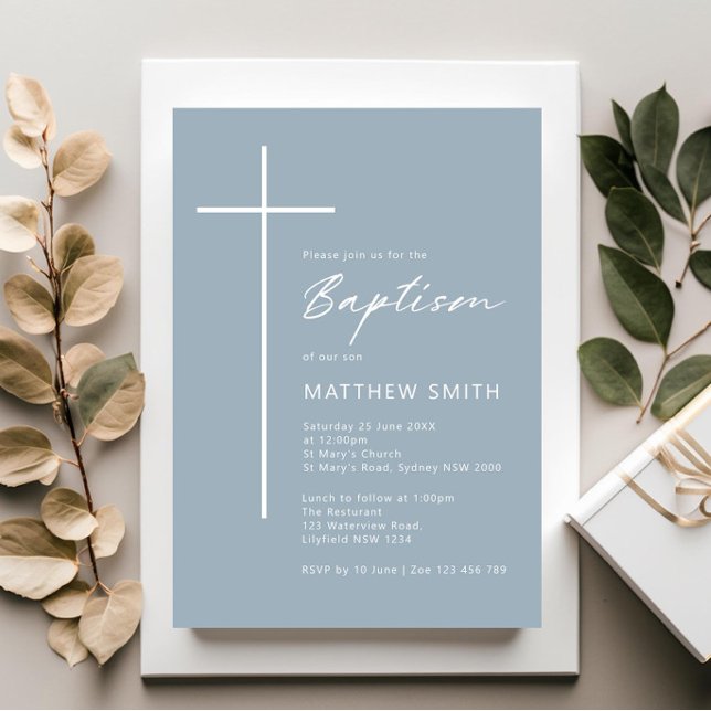 Minimalistisk typografi kor blå baptism inbjudningar (Skapare uppladdad)