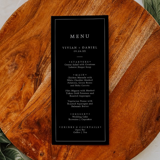 Minimalistisk typografi | Mörk Black Bröllop Midda Meny (Skapare uppladdad)