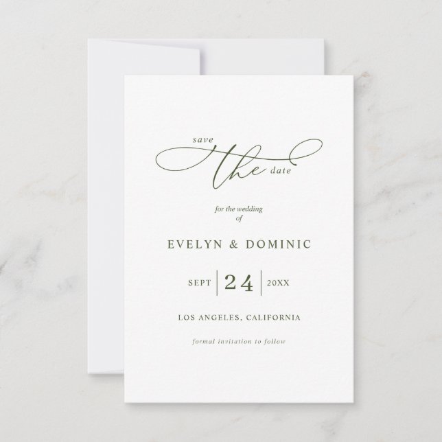 Minimalistisk typografi Olivgrön bröllopsinbjudan  Spara Datumet (Framsida)