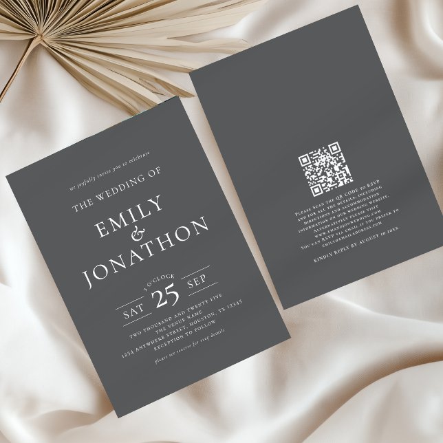 Minimalistisk typografi QR-kod Bröllop Grått Inbjudningar (Front and back view)