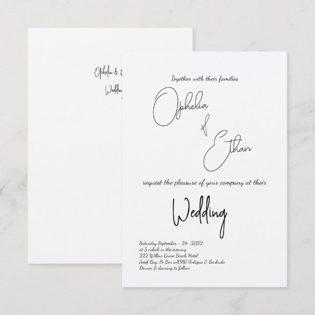 Minimalistisk typografi, svart och vit bröllop inbjudningar (Fram/baksida)