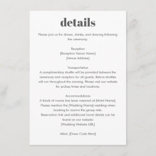 Minimalistisk typografi Svart-vit bröllopsinformat Tilläggskort