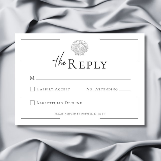 Minimalistisk typografi Svart & Vit Skal Bröllop OSA Kort (Minimal Typography Black & White Shell Wedding RSVP Card)